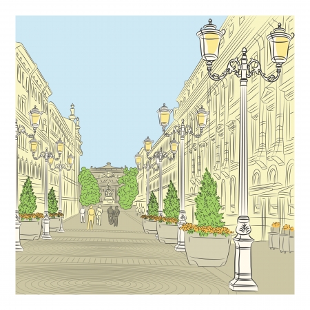 Urban landscape, the wide avenue with vintage buildings and beautiful lanterns in St. Petersburg, Russiaのイラスト素材