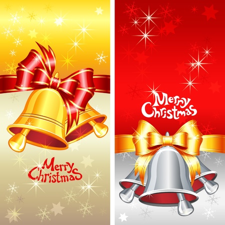  Vector red and gold greeting card with Christmas bells, bow and snowflakesのイラスト素材