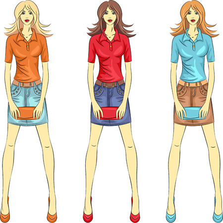 set beautiful fashion girls top model with clutches in three color combinationsのイラスト素材