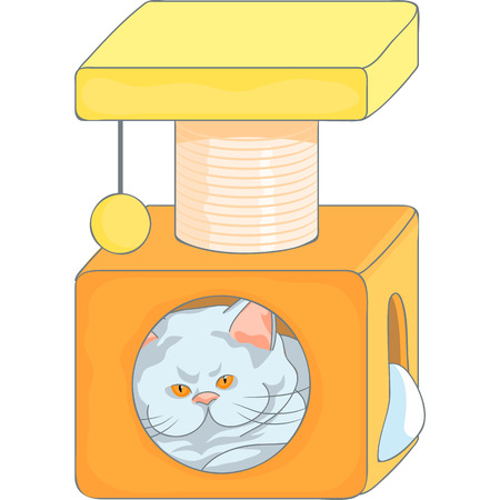 cute british cat in the cat house with scratching posts, isolated on the white backgroundのイラスト素材