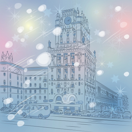 Vector Christmas winter cityscape of a city-center, Station Square, Minsk, Belarusのイラスト素材