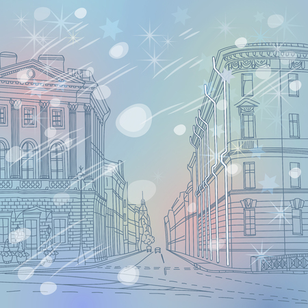 winter Christmas Urban landscape, the wide avenue in the city center, St. Petersburg, Russiaのイラスト素材