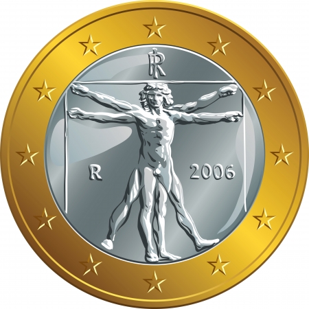 Italian money gold coin euro with the image of Vitruvian Man by Leonardo da Vinciのイラスト素材