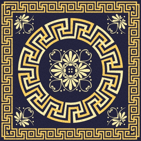 vector set Traditional vintage golden square and round Greek ornament  Meander  and floral pattern on a blue backgroundのイラスト素材