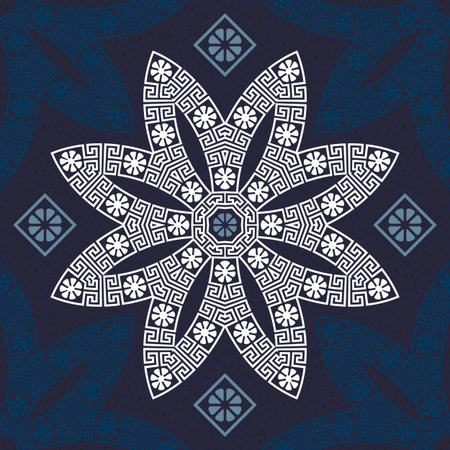 vector seamless Traditional vintage white Greek ornament  Meander  and floral pattern on a blue backgroundのイラスト素材