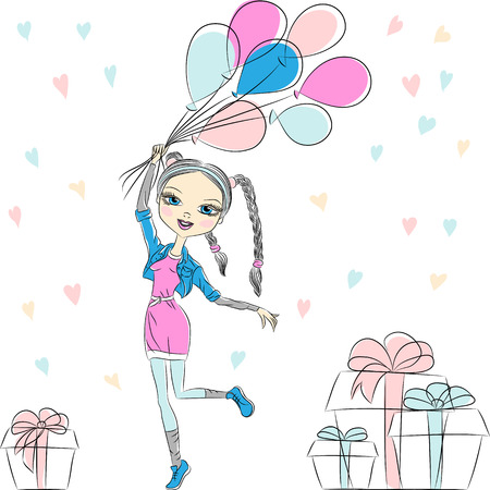  Hipster Beautiful fashion girl with multi-colored balloons and gift boxのイラスト素材