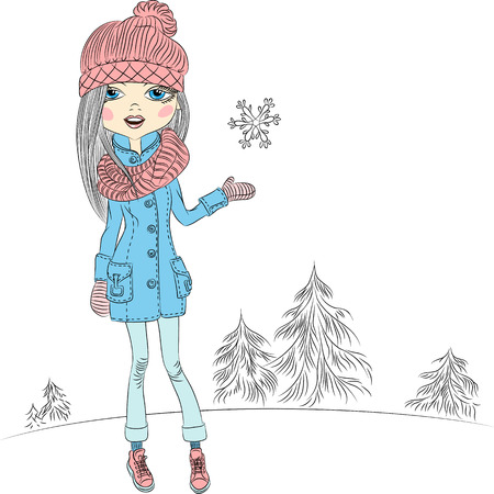 Vector fashionable hipster girl in a coat, knitted hats, scarves and mittens in winterのイラスト素材
