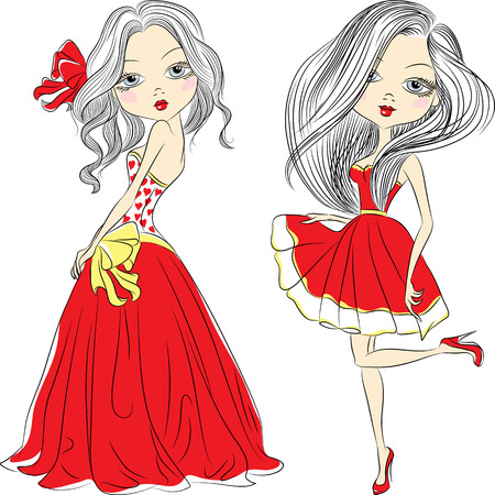 Vector Set Beautiful fashion girls in an elegant short and long red dressesのイラスト素材