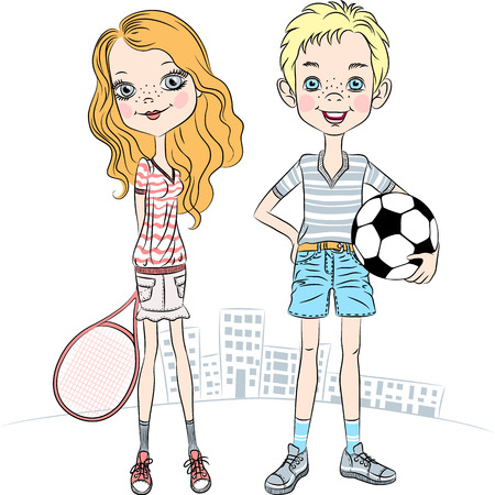 beautiful fashionable girl with a tennis racket and sports boy with soccer ball のイラスト素材