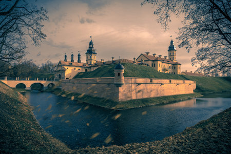 Medieval castle in Belorussian town Nesvizh. Toning in vintage styleのeditorial素材