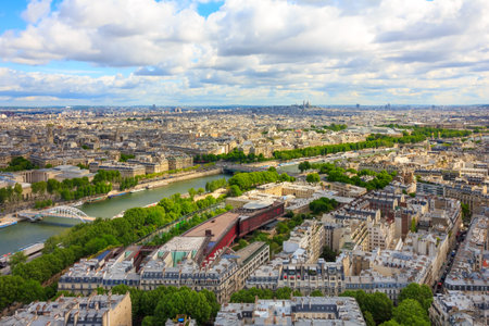 View of Paris, the Seine river and the hill of Montmartre from the Eiffel towerの写真素材
