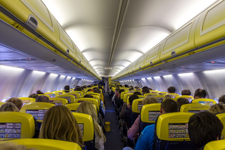 VILNIUS, LITHUANIA - MAY 2  Passenger compartment of the aircraft company Ryanair  Ryanair is one of the largest low-cost European airline by scheduled passengers carried  のeditorial素材