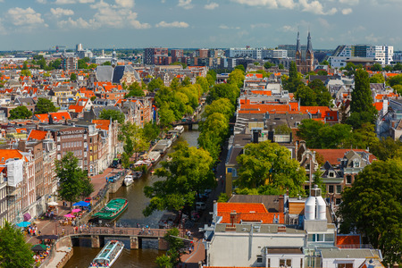 Amsterdam, Netherlands - August 5, 2014: Canal Prinsengracht and houses of Amsterdam. City view from the bell tower of the church Westerkerk, Holland, Netherlands.のeditorial素材