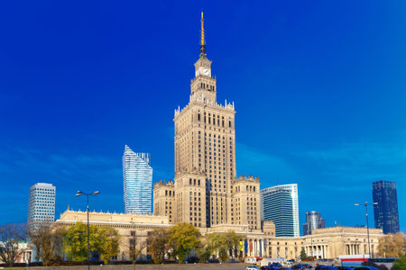 Palace of Culture and Science (Palac Kultury i Nauki) at morning, Warsaw city downtown, Poland.のeditorial素材