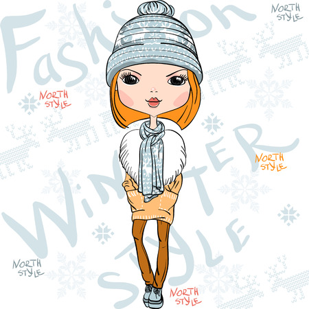 Vector beautiful fashion girl in winterのイラスト素材