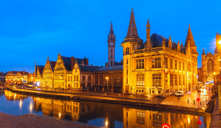 Quay Graslei in Ghent town at evening, Belgiumの写真素材