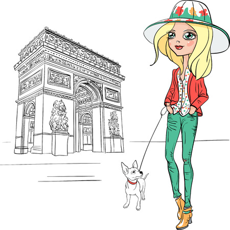 Vector beautiful fashion girl in Parisのイラスト素材