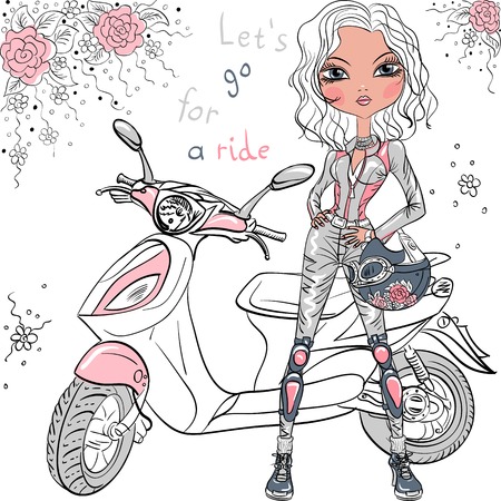 Vector cute girl with scooterのイラスト素材