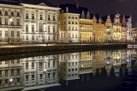 Quay Korenlei in Ghent town at night, Belgiumの写真素材