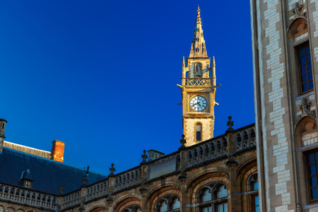 Clock tower at Quay Graslei in Ghent town, Belgiumの写真素材