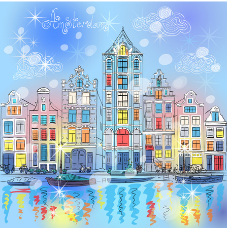 Vector Christmas Amsterdam canal and dutch housesのイラスト素材