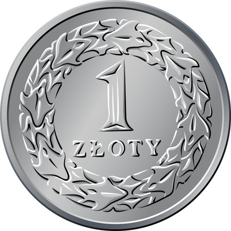 vector reverse Polish Money one zloty silver coin with Value and 1 wreath of leavesのイラスト素材