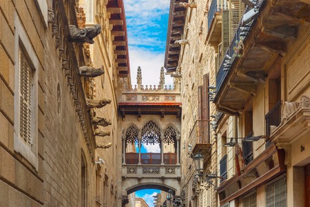 Bridge Carrer del Bisbe in Barcelona Gothic quarter, Catalonia, Spainの写真素材