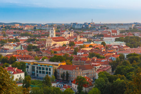 Aerial view over Old town from Castle Hill and Gediminas Tower, Vilnius, Lithuania, Baltic states.の写真素材