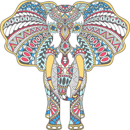 vector hand-drawn color tattoo doodle with decorated Indian Elephantのイラスト素材