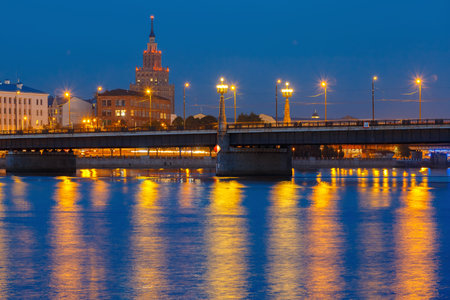Latvian Academy of Sciences, Stone Bridge and River Daugava at night, Riga, Latvia
