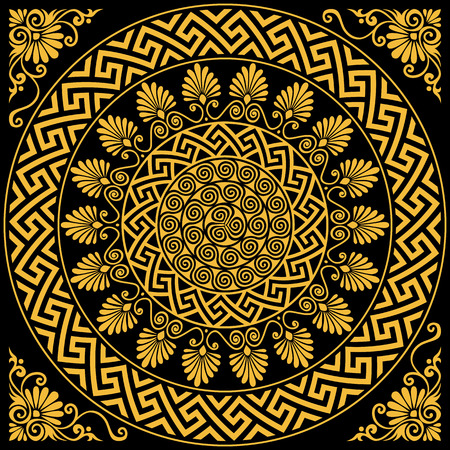 set Traditional vintage golden round Greek ornament Meander and floral pattern on a black background