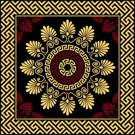 set Traditional vintage golden round Greek ornament Meander and floral pattern on a black backgroundのイラスト素材
