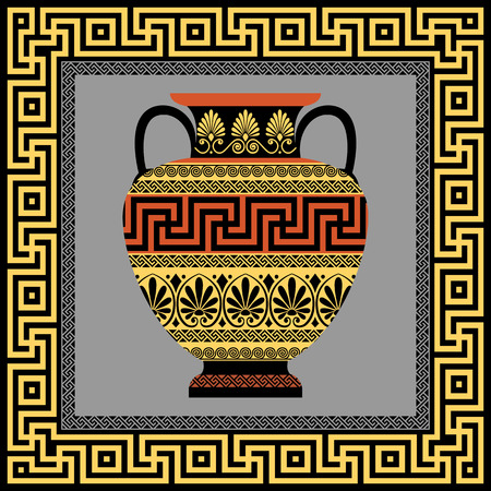 Vector frame with Traditional vintage golden square Greek ornament Meander and amphora with patterns of gold and blackのイラスト素材