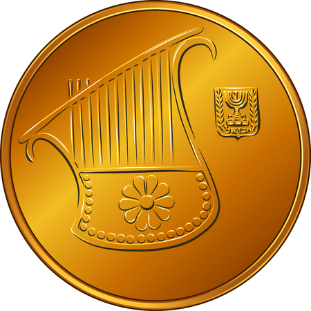Obverse Gold Israeli money half-shekel coin or fifty agorot with the image of a harp, coat of arms of Israelのイラスト素材