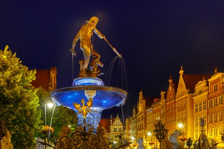 Long Market Street with Fountain of Neptune at night in Main City of Gdansk, Polandの写真素材
