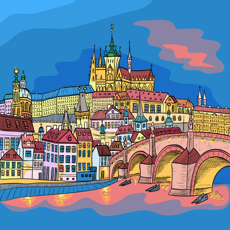 Vector sketch of Prague landscape with Prague Castle and Charles Bridgeのイラスト素材