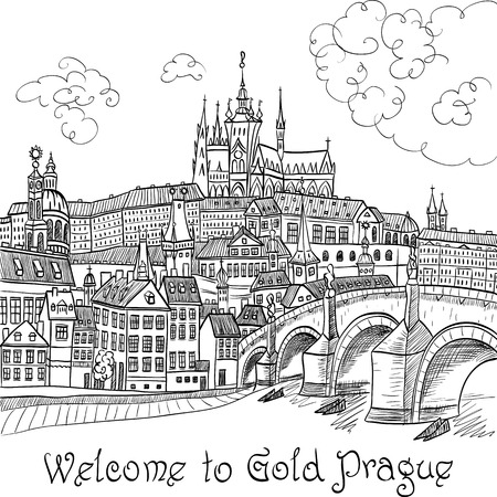 Vector sketch of Prague landscape with Prague Castle and Charles Bridgeのイラスト素材