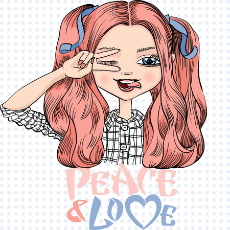 Vector beautiful fashionable girl makes peace sign hands, smiles a happy smile and showing tongueのイラスト素材