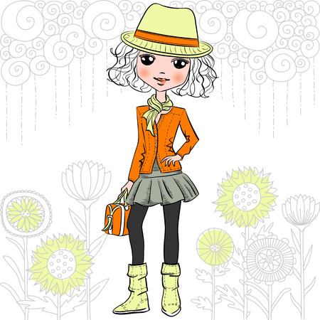 Cute  fashionable hipster girl in a hat and pattern of doodles and flowers. T-shirt Graphics. Girl print.のイラスト素材