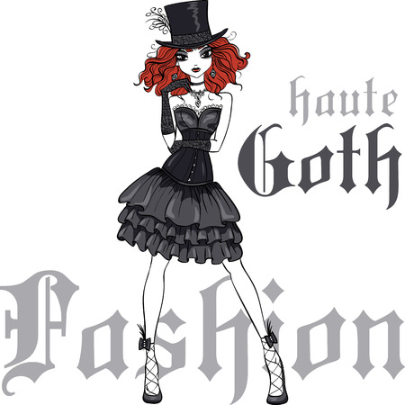 Goth girl with scarlet hair dressed in the style of High Gothic fashion in black dress and silk hat. T-shirt Graphics. Girl print.のイラスト素材