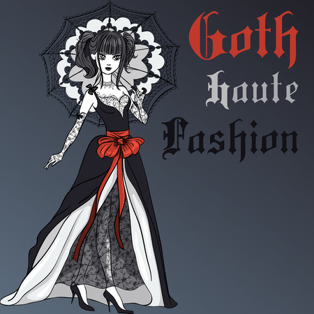 Goth girl with scarlet hair dressed in the style of High Gothic fashion in black dress with black umbrella. T-shirt Graphics. Girl print.のイラスト素材