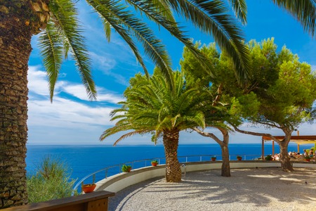 Veranda at the top of the fortress above the sea in Tossa de Mar on Costa Brava, Catalonia, Spainの写真素材