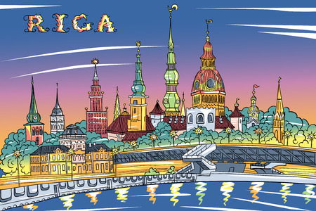 Vector sketch of Old Town and River Daugava at night, Riga Cathedral, Saint Peter church, Cathedral Basilica of Saint James and Riga castle in the background, Riga, Latviaのイラスト素材