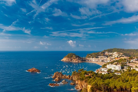 Aerial view of Badia de Tossa bay in the summer morning, Tossa de Mar, Costa Brava, Catalunya, Spainの写真素材