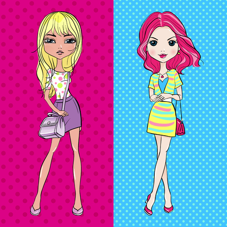 Set Pop Art girls in skirts with bags. T-shirt Graphics. Girl print.のイラスト素材