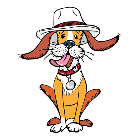 Funny dog sitting, wearing hat, with collar and medal. T-shirt Graphics. Dog print.のイラスト素材