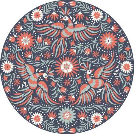 Mexican embroidery round pattern. Red and back ornate ethnic pattern. Birds and flowers dark background. Floral background with bright ethnic ornament.のイラスト素材