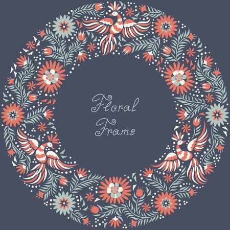 Mexican embroidery round pattern. Colorful and ornate ethnic frame pattern. Red and gray Birds and flowers on the dark background.のイラスト素材