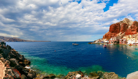 Panorama of Old port Ammoudi of Oia village at Santorini island in Aegean sea, Greeceの写真素材
