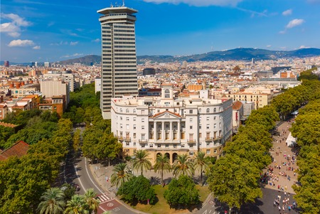 Aerial view over La Rambla from Christopher Columbus monument, with quarters of El Raval in Barcelona, Catalonia, Spainの写真素材